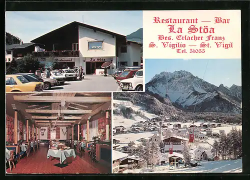 AK St. Vigil in Enneberg, Restaurant-Bar La Stöa, Innenansicht, Teilansicht mit Seilbahn im Winter