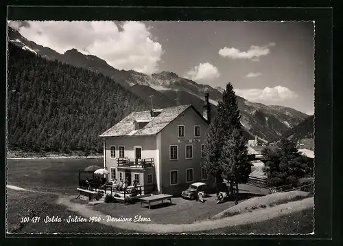 AK Sulden, Pensione Elena mit Terrasse aus der Vogelschau