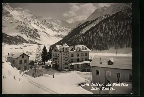 AK Sulden, Hotel Post im Winter aus der Vogelschau
