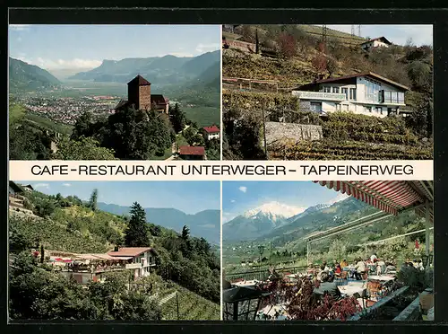 AK Meran, Ortsansicht, Cafe-Restaurant Unterweger am Tappeinerweg - Gebäudeansicht, Terrassenansichen
