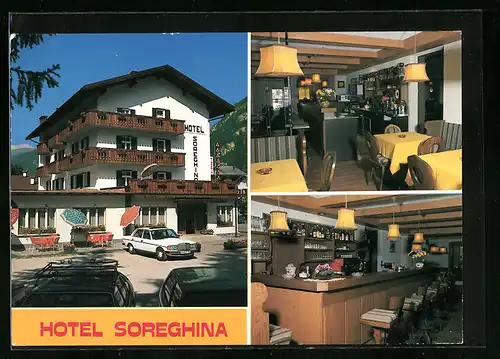 AK Canazei, Hotel Soreghina - Gebäude, Innenansichten