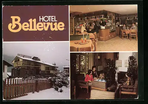AK Canazei, Hotel Bellevue - Gebäude im Winter, Innenansichten