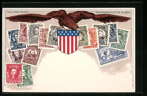AK Verschiedene amerikanische Briefmarken mit Wappen und Adler