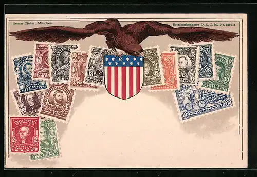 AK Amerikanische Briefmarken mit Adler und Wappen