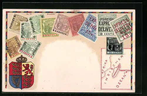 AK Briefmarken aus Mauritius mit Wappen