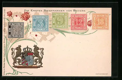 AK Die ersten Briefmarken von Bayern mit Wappen