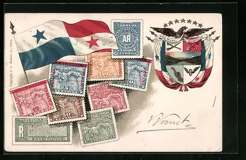 AK Briefmarken aus Panama mit Wappen
