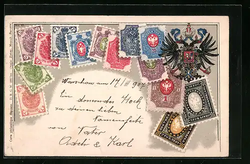 AK Russische Briefmarken mit Wappen