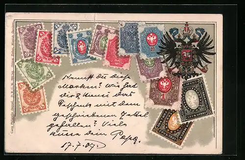 AK Briefmarken aus Russland mit Wappen