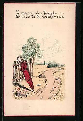 AK Am Wegesrand vergessener Regenschirm mit Aufforderung zum Schreiben