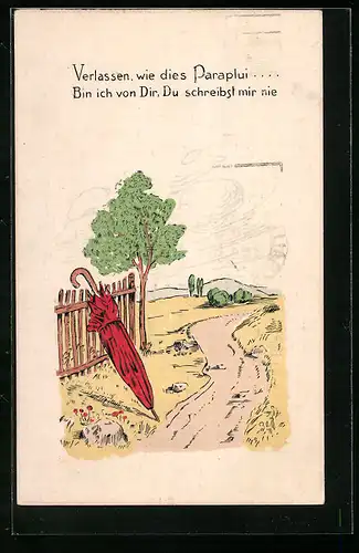 AK Verlassener Regenschirm am Wegesrand mit Aufforderung zum Schreiben