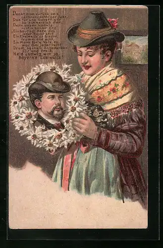 AK Frau in Tracht mit Edelweiss-Strauss und Porträt Ludwig II.