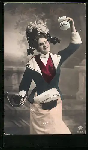 AK Briefträgerin mit Posthorn und Geldsäckchen