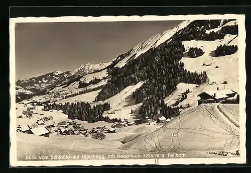 AK Hirschegg, Ortsansicht vom Schlössle mit Nebelhorn und Fellhorn