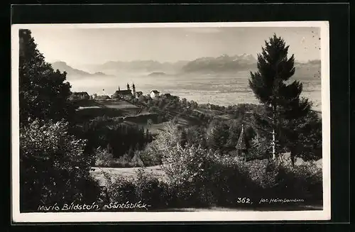 AK Bildstein, Ortsansicht mit Wallfahrtskirche Maria Bildstein aus der Ferne