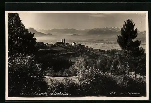 AK Bildstein, Ortsansicht mit Wallfahrtskirche Maria Bildstein aus der Ferne