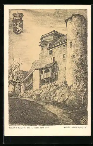 Künstler-AK Hohenems, 600 Jahre Burg Neu-Ems (Glopper), Wappen