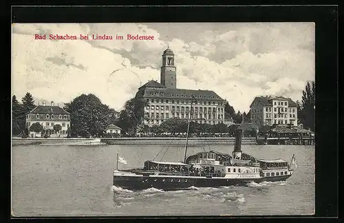 AK Bad Schachen bei Lindau, Ortspartie mit Bodenseedamofer König Karl