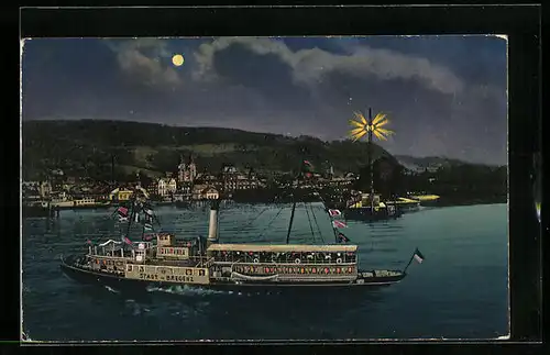Mondschein-AK Österr. Dampfer Stadt Bregenz in Flaggengala auf dem Bodensee
