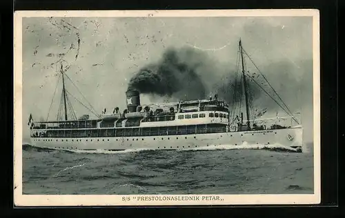 AK Jugoslawischer Dampfer SS Prestolonaslednik Petar gibt Volldampf