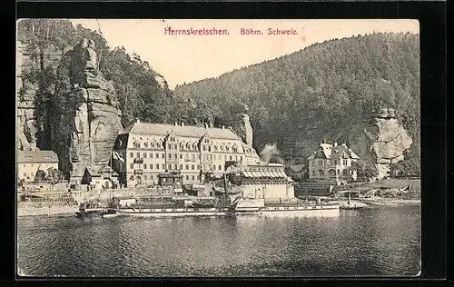 AK Herrnskretschen /Böhm. Schweiz, Ortspartie mit Elbdampfer Schandau