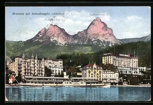 AK Brunnen, Ortsansicht mit Salondampfer Schiller