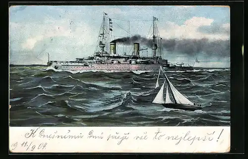 Künstler-AK Kriegsschiff der kaiserlichen Marine auf hoher See