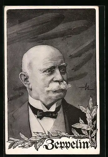 Künstler-AK Portrait des Grafen Ferdinand von Zeppelin im Halbprofil mit Lorbeerblättern
