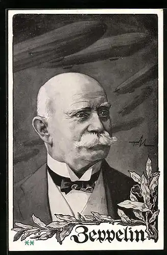 Künstler-AK Portrait des Grafen Ferdinand von Zeppelin im Halbprofil mit Lorbeerblättern