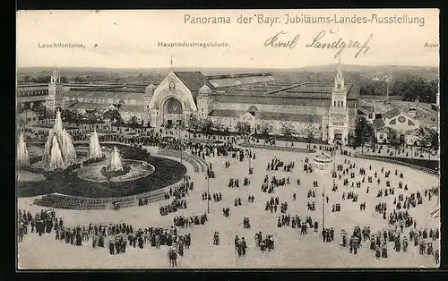 AK Nürnberg, Bayerische Jubiläums-Landes-Ausstellung, Hauptindustriegebäude und Leuchtfontaine