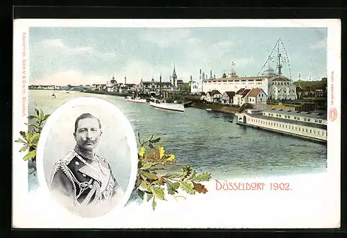 AK Düsseldorf, Industrie- & Gewerbe-Ausstellung 1902, Uferpartie mit Ausstellungsgebäude, Kaiser Wilhelm II.