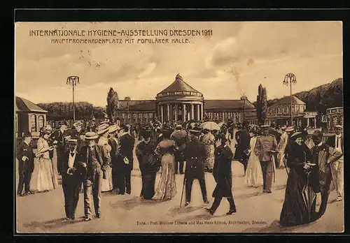 AK Dresden, Internationale Hygiene-Ausstellung 1911, Hauptpromenadenplatz mit populärer Halle