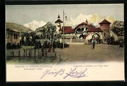 AK Düsseldorf, Gewerbe- u. Industrie-Ausstellung 1902, Suldenthal und Zillertal mit Tiroler Dorf, Vignette & Stempel