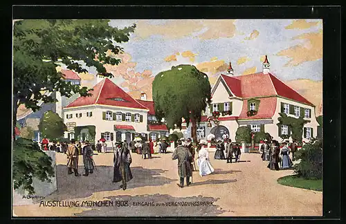 Künstler-AK München, Ausstellung 1908, Eingang zum Vergnügungspark