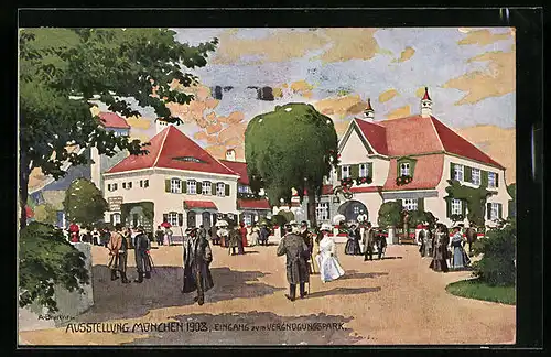 Künstler-AK München, Ausstellung 1908, Eingang zum Vergnügungspark