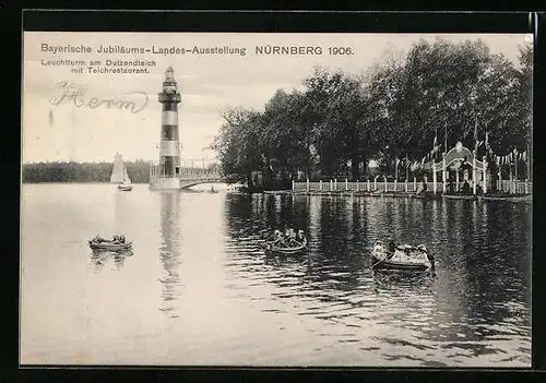 AK Nürnberg, Bayerische Jubiläums-Landes-Ausstellung 1906 - Leuchtturm am Dutzendteich mit Teichrestaurant
