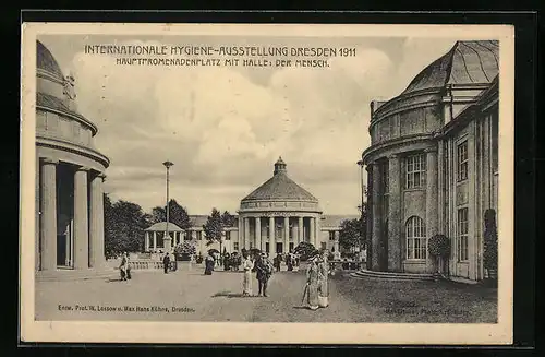 AK Dresden, Internationale Hygiene-Ausstellung 1911 - Hauptpromenadenplatz mit Halle Der Mensch
