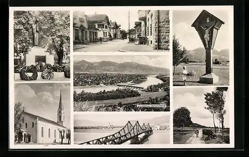 AK Lustenau, Totalansicht mit Wegkreuz