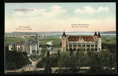AK Gremsmühlen, Kurhaus von Dr. med. Horst und Villa Elisabeth aus der Vogelschau