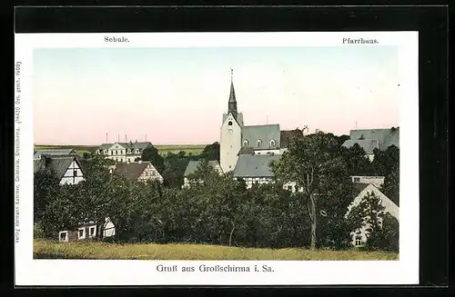 AK Grossschirma i. Sa., Ortspartie mit Schule und Pfarrhaus