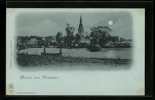 Mondschein-AK Demmin, Totalansicht aus der Ferne
