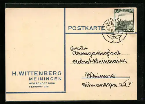 AK Meiningen, Postkarte mit Aufdruck Firma H. Wittenberg