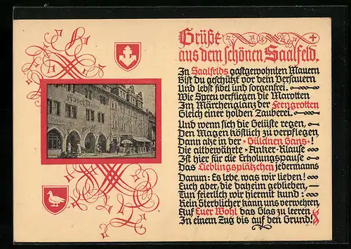 Passepartout-AK Saalfeld /Saale, Hotel Anker / Güldne Gans mit Strasse, Wappen, Gedicht