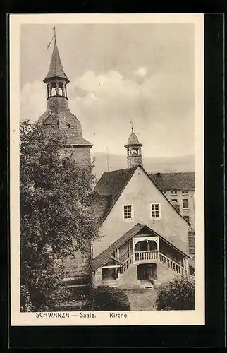 AK Schwarza /Saale, Kirche aus der Vogelschau