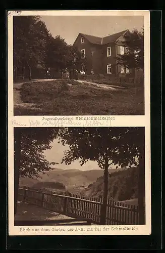 AK Kleinschmalkalden, Jugendherberge - Gebäude und Blick aus dem Garten ins Tal der Schmalkalde