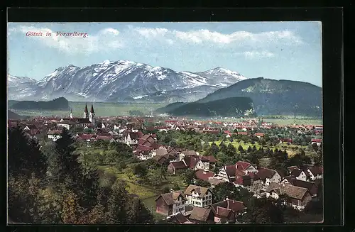 AK Götzis, Ortsansicht mit Gebirgskette aus der Vogelschau