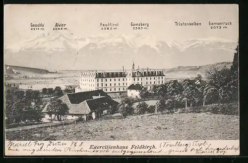 AK Feldkirch, Ecercitienhaus mit Blick auf Bergkette