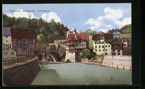 AK Feldkirch, Ortspartie mit Fluss und Brücke
