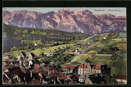 AK Feldkirch, Teilansicht mit Feldern und Bergen