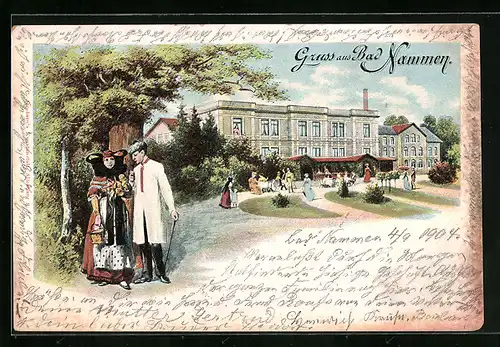 Künstler-AK Bad Nammen, Kurhaus mit Anlagen, Blumenfrau in Tracht